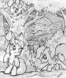 Size: 1024x1197 | Tagged: safe, artist:yewdee, derpibooru import, apple bloom, scootaloo, sweetie belle, earth pony, pegasus, pony, timber wolf, unicorn, cutie mark crusaders, female, filly, monochrome, this will end in tears and/or death and/or covered in tree sap, traditional art