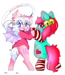 Size: 1050x1200 | Tagged: safe, artist:lavender_1227, derpibooru import, oc, oc only, pony, :3, bat wings, bells, bipedal, clothes, duo, ear fluff, looking at you, looking back, looking back at you, simple background, socks, striped socks, sweater, white background, wings