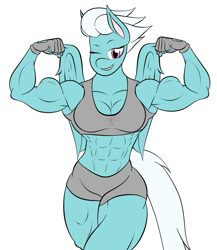 Size: 1435x1654 | Tagged: safe, artist:calm wind, artist:matchstickman, derpibooru import, edit, fleetfoot, anthro, 1000 years in photoshop, abs, armpits, biceps, clothes, fleetflex, flexing, gloves, muscles, one eye closed, solo, sports bra, workout outfit