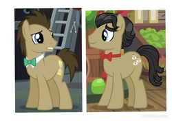Size: 1024x720 | Tagged: safe, edit, edited screencap, screencap, doctor whooves, filthy rich, earth pony, pony, bow, cutie mark, filthywhooves, money, shipping, smiling, worried