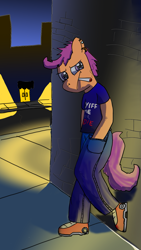 Size: 1125x2001 | Tagged: safe, artist:platypus in a can, scootaloo, anthro, plantigrade anthro, cigarette, city, clothes, female, hands in pockets, jeans, leaning, messy mane, night, pants, piercing, shirt, shoes, smoking, solo, squint, streetlight, t-shirt, yiff