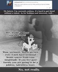 Size: 800x1000 | Tagged: safe, artist:thepristineeye, oc, oc only, oc:intern, earth pony, pony, 3d, anotherdamnponyaskblog, blender, comic, dialogue, female, filly, flashback, grayscale, monochrome, smiling, sofa, text, tumblr