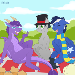 Size: 2000x2000 | Tagged: safe, artist:rinikka, derpibooru import, oc, oc only, oc:blue blaze, oc:hatter, oc:lord, dragon, earth pony, pony, unicorn, cloud, cutie mark, food, happy, hat, horns, muffin, picnic, picnic blanket