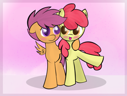 Size: 4563x3458 | Tagged: safe, artist:skyflys, apple bloom, scootaloo, pony, :p, blushing, female, filly, hug, lesbian, missing accessory, scootabloom, shipping, silly, silly pony, spread wings, tongue out, wings