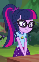 Size: 430x680 | Tagged: safe, derpibooru import, screencap, sci-twi, twilight sparkle, equestria girls, legend of everfree, camp everfree outfits, clothes, cropped, cute, ponytail, shorts, smiling, solo, twiabetes