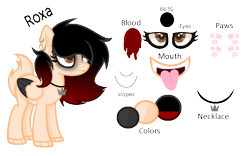 Size: 933x582 | Tagged: safe, artist:apple-dahs-mlp-fan, oc, oc only, oc:roxa, blood, colored wings, colored wingtips, ear piercing, earring, emo, eyeliner, eyeshadow, gradient mane, jewelry, makeup, necklace, paws, piercing, ponysona, reference sheet, solo