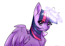 Size: 4093x2894 | Tagged: safe, artist:chickenbrony, derpibooru import, twilight sparkle, twilight sparkle (alicorn), alicorn, pony, looking at you, magic, simple background, smiling, solo, white background