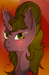 Size: 1169x1777 | Tagged: safe, artist:epicenehs, oc, oc only, pony, unicorn, blushing, bust, curved horn, female, frown, solo