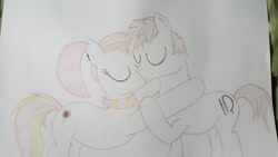 Size: 1280x720 | Tagged: safe, artist:straighttothepointstudio, oc, oc only, oc:modheroic, oc:poppy bird, pony, clothes, ear piercing, eyes closed, hug, kissing, piercing, ponytail, poppy, scarf, traditional art