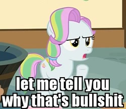 Size: 373x322 | Tagged: safe, edit, edited screencap, screencap, coconut cream, pony, fame and misfortune, cute, female, filly, image macro, let me tell you why that's bullshit, meme, solo, vulgar