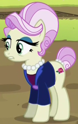 Size: 384x611 | Tagged: safe, screencap, rosetta, earth pony, pony, brotherhooves social, blazer, clothes, coat, eyeshadow, female, jacket, jewelry, makeup, mare, necklace, pearl necklace, shirt, solo