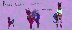 Size: 4096x1714 | Tagged: safe, artist:percy-mcmurphy, derpibooru import, oc, oc:alistair, alicorn, anthro, changedling, changeling, changepony, hybrid, antennae, colored sclera, crown, foal, hybrid wings, jewelry, parent:thorax, parent:twilight sparkle, parents:twirax, regalia