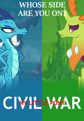 Size: 700x1000 | Tagged: safe, princess ember, thorax, changedling, changeling, dragon, triple threat, captain america, captain america: civil war, crossover, dragoness, female, king thorax, marvel, poster, split screen, title drop