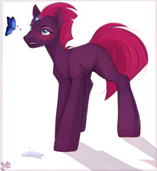 Size: 827x899 | Tagged: safe, artist:kindly-fox, tempest shadow, butterfly, unicorn, my little pony: the movie, blank flank, broken horn, female, mare, smiling, solo