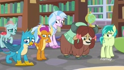 Size: 1920x1080 | Tagged: safe, derpibooru import, screencap, gallus, ocellus, sandbar, silverstream, smolder, yona, changedling, changeling, classical hippogriff, dragon, earth pony, griffon, hippogriff, pony, yak, what lies beneath, bookshelf, bow, cloven hooves, dragoness, female, globe, hair bow, jewelry, library, male, monkey swings, necklace, sad, student six, teenager
