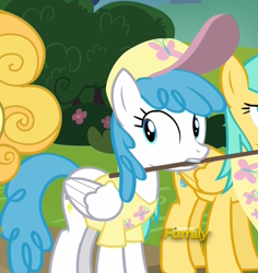 Size: 1020x1080 | Tagged: safe, screencap, lightning bolt, sunshower raindrops, white lightning, pegasus, pony, fame and misfortune, background pony, baseball cap, cap, clothes, discovery family logo, female, flag, hat, mare, mouth hold, shirt, solo focus, t-shirt, team fluttershy