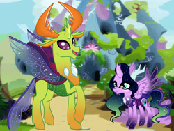 Size: 1024x768 | Tagged: safe, artist:owocrystalcatowo, derpibooru import, thorax, oc, oc:aurora heart, changedling, changeling, changepony, female, king thorax, parent:oc:crystal heart, parent:thorax