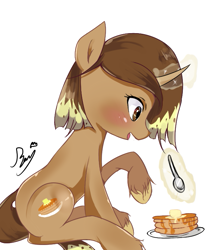 Size: 641x747 | Tagged: safe, artist:papibabidi, derpibooru import, oc, oc:penny, pony, unicorn, female, food, magic, mare, pancakes, simple background, solo, spoon, white background