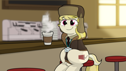 Size: 1920x1080 | Tagged: safe, artist:ljdamz1119, derpibooru import, march gustysnows, earth pony, pony, clothes, coffee, cute, female, hat, mare, smiling, solo, ushanka