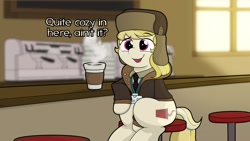 Size: 1920x1080 | Tagged: safe, artist:ljdamz1119, derpibooru import, march gustysnows, pony, clothes, coat, coffee, cute, dialogue, female, hat, mare, sitting, solo, ushanka