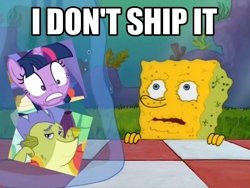 Size: 794x598 | Tagged: safe, derpibooru import, edit, edited screencap, screencap, sludge (g4), twilight sparkle, twilight sparkle (alicorn), alicorn, dragon, father knows beast, anti-shipping, bedroom eyes, i don't need it, image macro, meme, shipping, shipping fuel, shocked expression, spongebob squarepants, spongetwi, text, twisludge