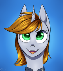 Size: 2073x2310 | Tagged: safe, artist:shkura2011, derpibooru import, oc, oc:littlepip, pony, unicorn, fallout equestria, blue background, bust, clothes, fanfic, fanfic art, female, gradient background, horn, looking at you, mare, open mouth, portrait, simple background, solo, teeth, vault suit