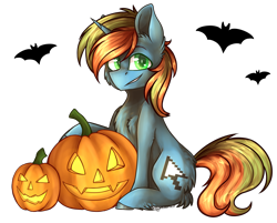 Size: 5729x4616 | Tagged: safe, artist:jazzerix, oc, oc only, bat, pony, unicorn, absurd resolution, halloween, holiday, jack-o-lantern, pumpkin, simple background, solo, transparent background, ych result