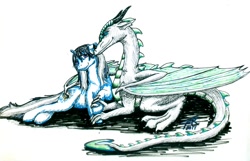 Size: 1000x645 | Tagged: safe, artist:bluebirdsolstice, oc, oc only, oc:bluebird solstice, oc:grumplestiltskin, dragon, unicorn, couple, inktober 2017, romantic, solo