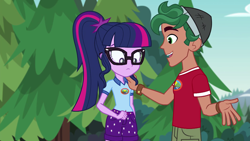 Size: 1280x720 | Tagged: safe, derpibooru import, screencap, sci-twi, timber spruce, twilight sparkle, equestria girls, legend of everfree, camp everfree outfits, clothes, female, forest, glasses, hand on shoulder, male, ponytail, shipping, shorts, straight, timbertwi