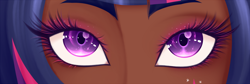 Size: 1600x536 | Tagged: safe, artist:emberfan11, derpibooru import, twilight sparkle, human, alternative cutie mark placement, close-up, dark skin, eye, eyes, eyeshadow, female, humanized, makeup, solo