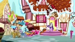 Size: 1920x1080 | Tagged: safe, derpibooru import, screencap, maud pie, rarity, twilight sparkle, twilight sparkle (alicorn), alicorn, pony, unicorn, yakity-sax, cart, party cannon, sugarcube corner