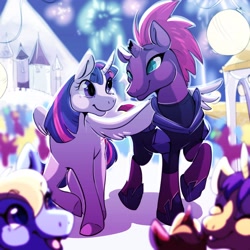 Size: 2048x2048 | Tagged: safe, artist:ariesalpinesavi, fizzlepop berrytwist, tempest shadow, twilight sparkle, twilight sparkle (alicorn), alicorn, unicorn, my little pony: the movie, canterlot, duo, female, fireworks, friendship festival, hug, lesbian, looking at each other, mare, shipping, smiling, tempestlight, winghug