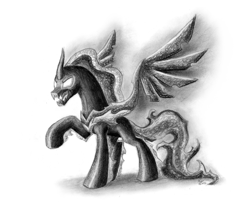 Size: 2730x2280 | Tagged: safe, artist:nightpaint12, pony of shadows, alicorn, shadow play, grayscale, monochrome, open mouth, raised hoof, signature, solo, traditional art