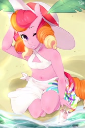 Size: 2000x3000 | Tagged: safe, artist:pijinpyon, oc, oc only, oc:honeycrisp blossom, anthro, earth pony, anthro oc, armpits, beach, belly button, bikini, breasts, clothes, cute, delicious flat chest, drink, drinking straw, female, freckles, glass, hat, looking at you, mare, midriff, ocean, one eye closed, parent:big macintosh, parent:princess cadance, parents:cadmac, solo, sun hat, swimsuit, wink, winking at you