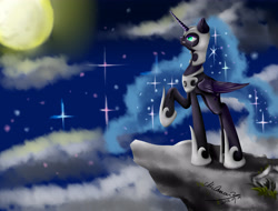 Size: 4096x3112 | Tagged: safe, artist:mcqueen, derpibooru exclusive, derpibooru import, nightmare moon, alicorn, cliff, cloud, crying, ethereal mane, flowing mane, galaxy mane, hoof shoes, looking up, moon, night, raised hoof, stars, tears of pain