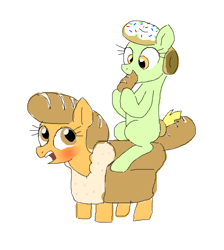 Size: 574x642 | Tagged: safe, artist:askdonutstoles, derpibooru import, oc, oc only, oc:bread pony, oc:donut stoles, bread pony, earth pony, food pony, original species, pony, blushing, duo, eating, embarrassed, female, food, looking back, mare, open mouth, ponies riding ponies, ponified, simple background, sitting, smiling, tumblr:ask donut stoles, white background