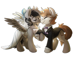 Size: 1280x1005 | Tagged: safe, artist:blitzpony, derpibooru import, oc, oc only, pegasus, pony, unicorn, boop, bowtie, chest fluff, clothes, commission, dress, ear fluff, eyes closed, female, holding hooves, horn jewelry, horn ring, jewelry, leg fluff, male, mare, nose wrinkle, noseboop, raised hoof, smiling, spread wings, stallion, suit, wedding dress, wing jewelry, wing ring, wings