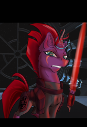 Size: 2043x2971 | Tagged: safe, artist:firimil, tempest shadow, my little pony: the movie, broken horn, crossover, eye scar, fanfic, fanfic art, fanfic cover, lightsaber, magic, scar, sith, solo, star wars, telekinesis, weapon