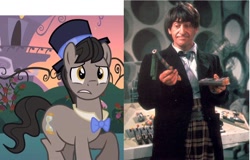 Size: 824x528 | Tagged: safe, pony, bowtie, clothes, comparison, doctor who, frock coat, irl, patrick troughton, photo, raggedy doctor, recorder, screenshots, second doctor, shirt, tartan, trousers