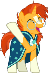 Size: 2660x4069 | Tagged: safe, artist:frownfactory, sunburst, unicorn, uncommon bond, .svg available, cute, eyes closed, glasses, happy, male, messy mane, simple background, solo, stallion, sunbetes, sunburst's glasses, sunburst's robe, svg, transparent background, vector, waving