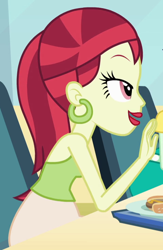 Size: 482x738 | Tagged: safe, screencap, blueberry cake, rose heart, equestria girls, cropped, ear piercing, earring, food, hot dog, jewelry, meat, piercing, sausage, solo