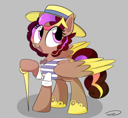 Size: 2541x2362 | Tagged: safe, artist:taurson, derpibooru import, oc, oc only, oc:hors, pegasus, pony, bowtie, cane, clothes, colored wings, female, flim flam outfit, gift art, hat, mare, multicolored wings, simple background, smiling, solo