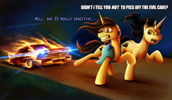 Size: 1250x725 | Tagged: safe, artist:jamescorck, oc, oc only, oc:movie slate, pony, unicorn, car, chase, christine, clothes, dialogue, female, floppy ears, glasses, looking back, mare, plymouth, running, shirt, stephen king