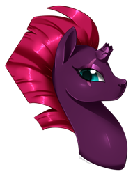 Size: 705x925 | Tagged: safe, artist:beanbunn, fizzlepop berrytwist, tempest shadow, pony, unicorn, my little pony: the movie, broken horn, bust, eye scar, female, frown, looking at you, portrait, profile, scar, side view, signature, simple background, solo, transparent background