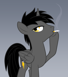 Size: 2598x2953 | Tagged: safe, artist:earth_pony_colds, derpibooru import, oc, oc only, oc:sano dash, alicorn, pony, alicorn oc, cigarette, concept art, gradient background, male, original art, smoking, solo, stallion