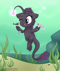 Size: 2780x3300 | Tagged: safe, artist:raspberrystudios, derpibooru import, oc, oc only, oc:deep lilly, angler fish, fish, angler seapony, chibi, commission, female, fins, glow, holes, mare, ocean, one eye closed, open mouth, seaweed, smiling, solo, tail, underwater