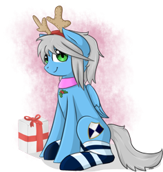 Size: 1439x1517 | Tagged: safe, artist:violentdreamsofmine, oc, oc only, oc:silent shield, pegasus, pony, clothes, female, mare, present, sitting, socks, solo, striped socks