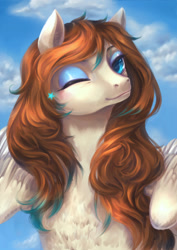 Size: 1060x1500 | Tagged: safe, artist:catofrage, derpibooru import, oc, oc only, oc:amora bunny, pegasus, pony, chest fluff, commission, digital art, ear fluff, eyeshadow, female, looking at you, makeup, mare, one eye closed, solo, spread wings, wings, wink, ych result