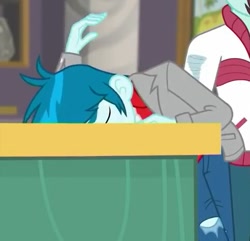 Size: 483x465 | Tagged: safe, screencap, thunderbass, better together, equestria girls, school of rock, background human, cropped, eyes closed, male, sleeping