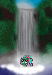 Size: 706x1029 | Tagged: safe, artist:silversthreads, oc, oc only, oc:seajade, original species, aquapony, nature, pond, scenery, solo, waterfall